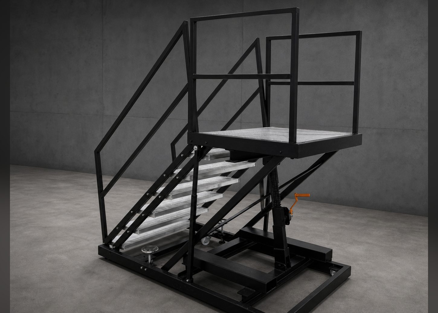 Schwarz lackierte Arbeitsbühne mit Treppe und Geländer