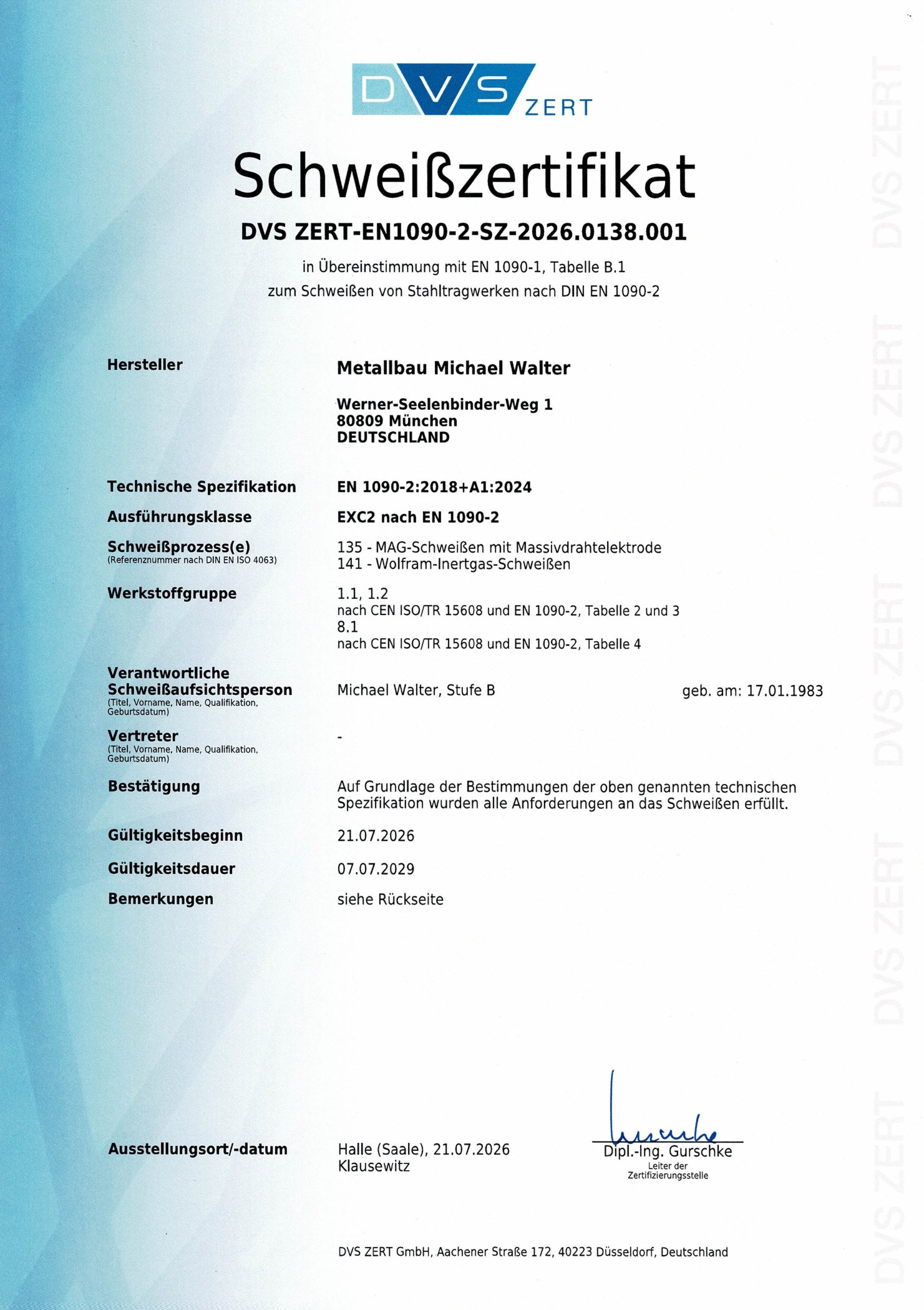 Schweißzertifikat der DVS ZERT GmbH nach EN 1090-2 für den Standort München
