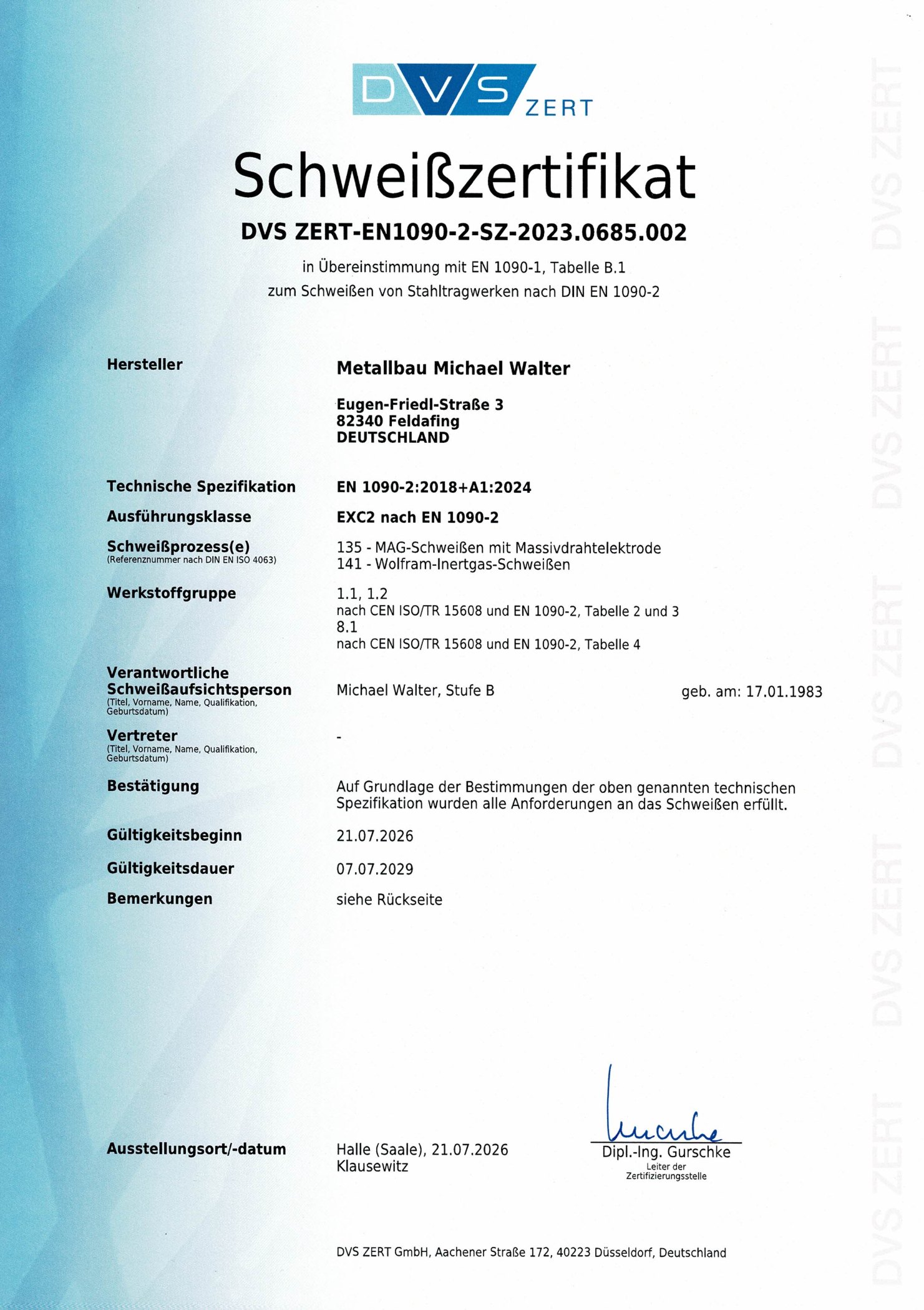 Schweißzertifikat der DVS ZERT GmbH nach EN 1090-2