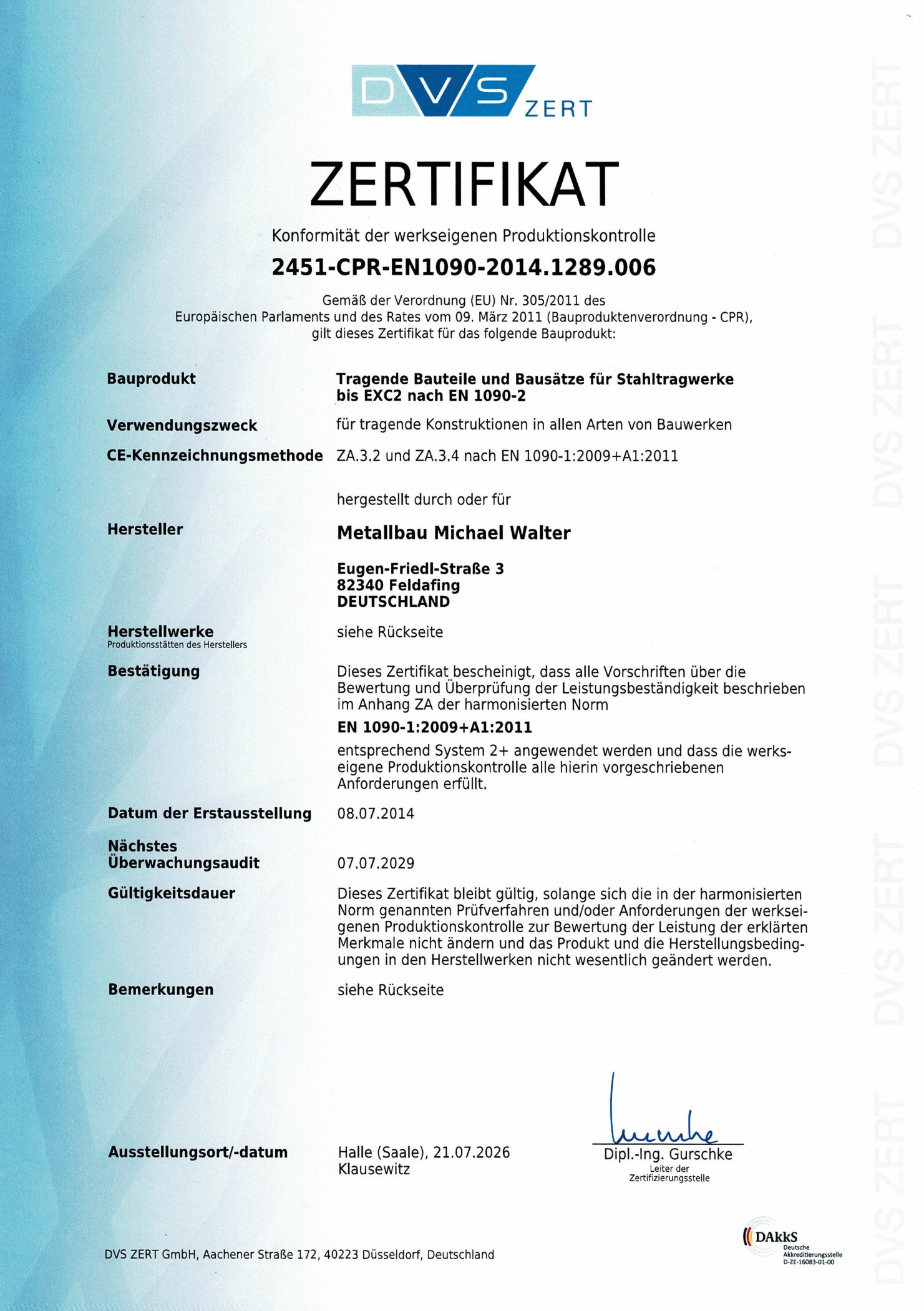 Zertifikat der werkseigenen Produktionskontrolle nach Bauproduktenverordnung